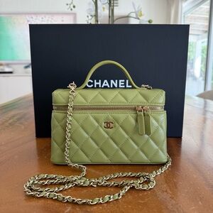 CHANEL Olive Green Quilted Vanity Crossbody with Gold Chain FULL SET